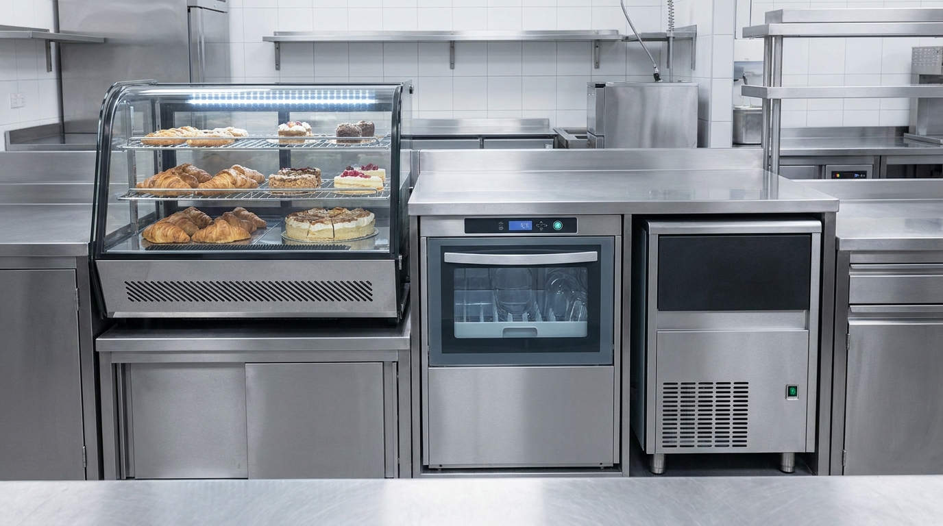 Kit de maquinaria profesional para cafetería: vitrina pastelera, lavavasos industrial y máquina de hielo sobre superficie de acero inoxidable