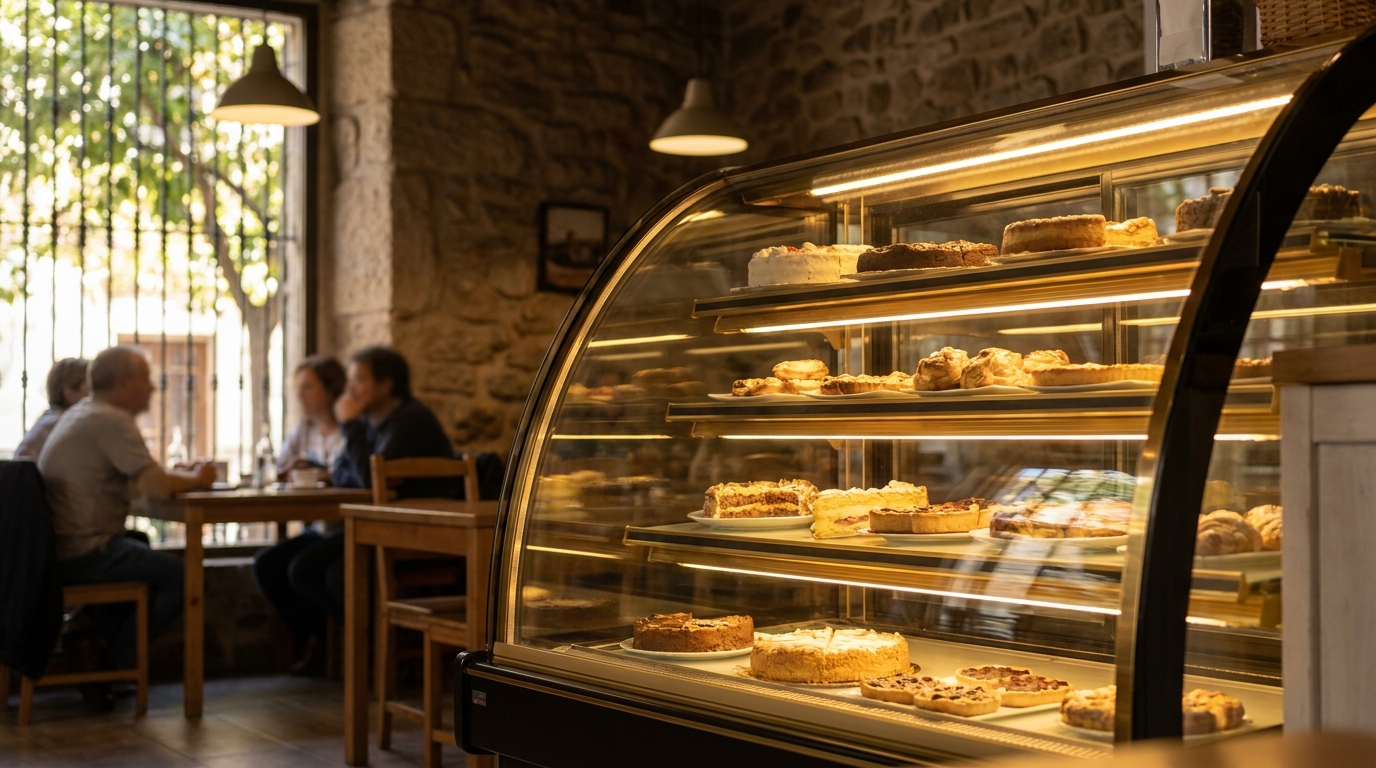 Vitrina pastelera curva en esquina de cafetería con tartas iluminadas