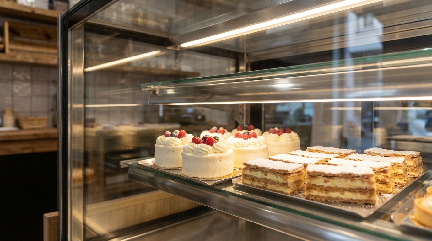Detalle de tartas y milhojas dentro de vitrina pastelera con cristal anti-vaho