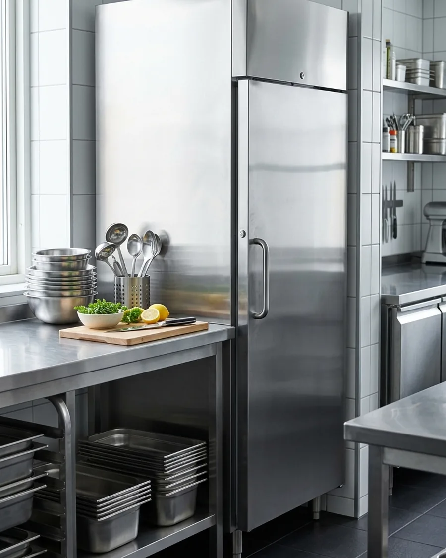 Cocina profesional con armarios frigoríficos de acero inoxidable