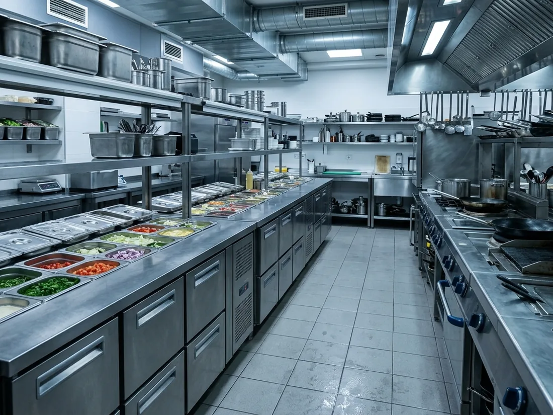 Cocina de restaurante con armarios gastronorm de acero inoxidable