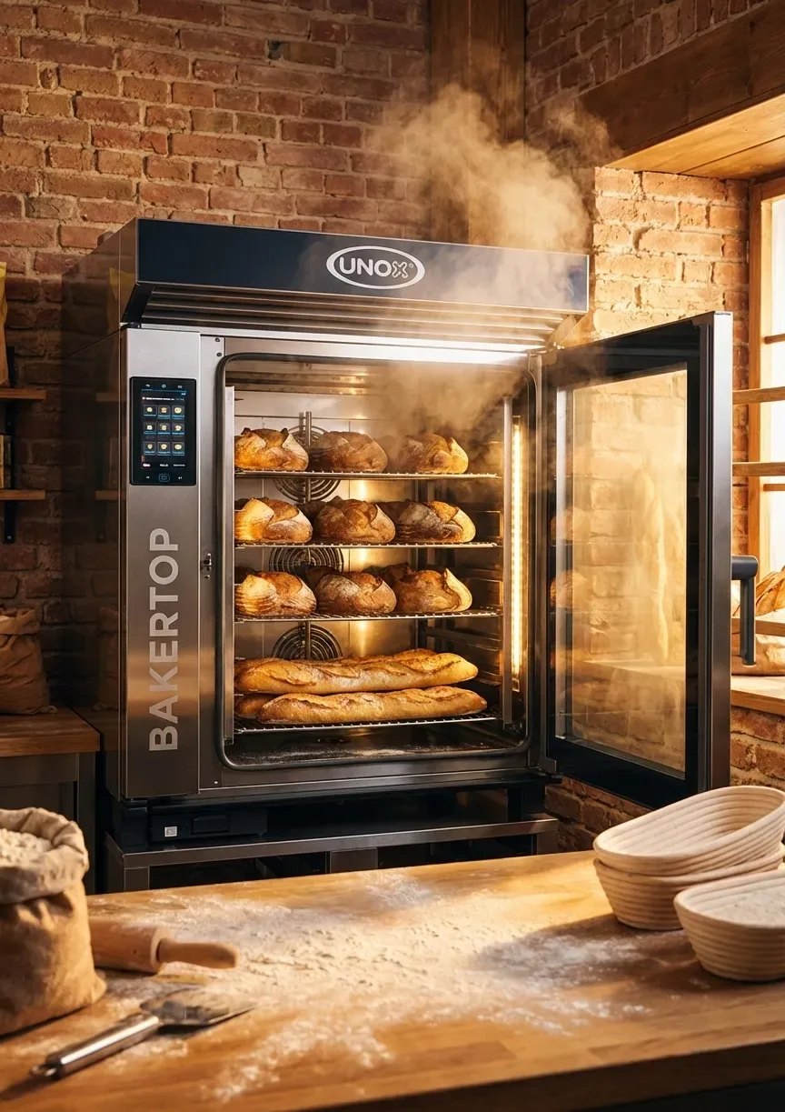 Horno de panadería profesional con pan recién hecho
