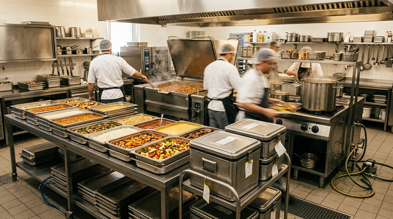 Cocina de catering y gran producción con marmitas