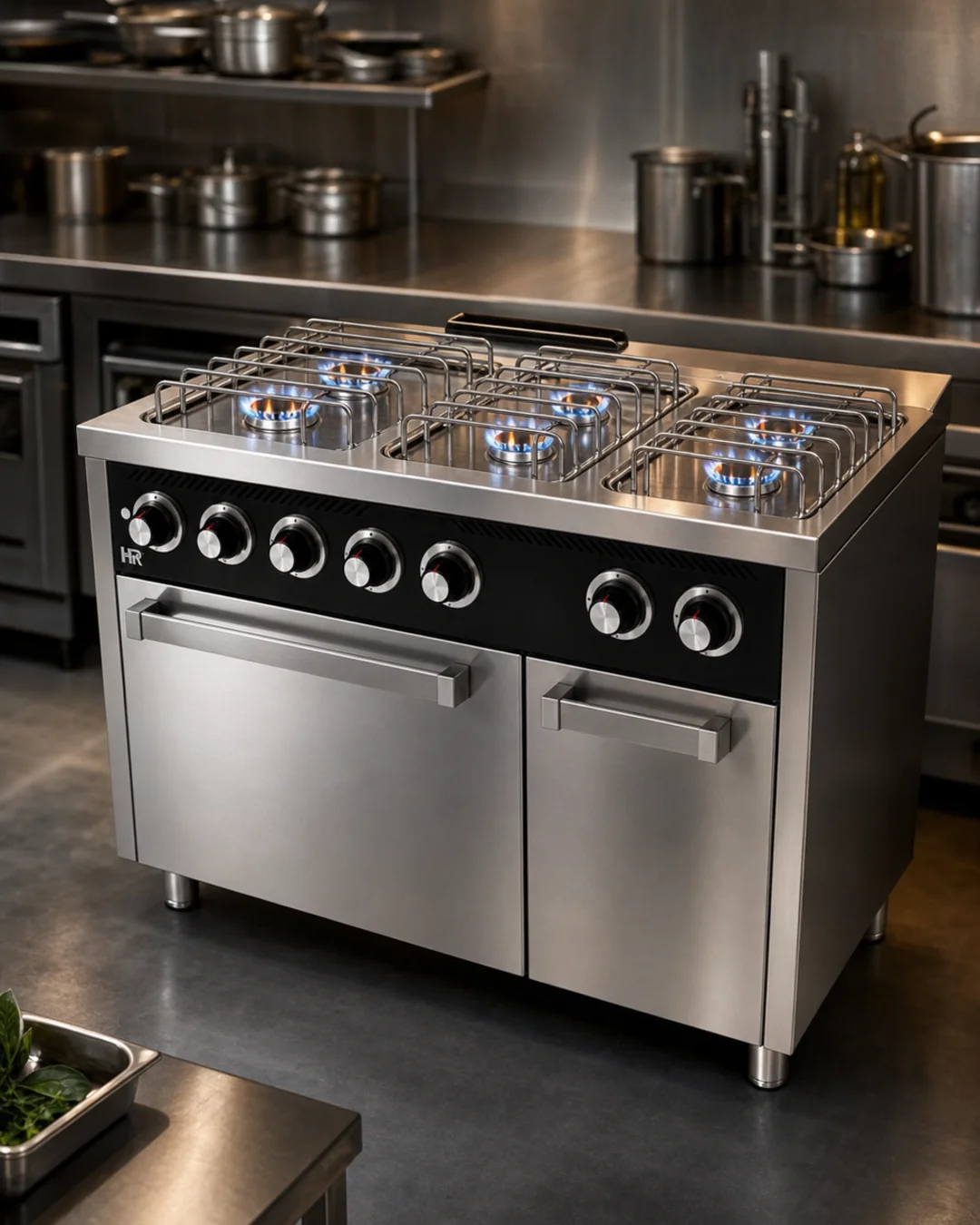 Cocina industrial a gas de 6 fuegos con horno HR Fainca en una cocina profesional