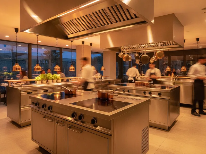 Cocina abierta de gastrobar con placas eléctricas y módulos de cocción