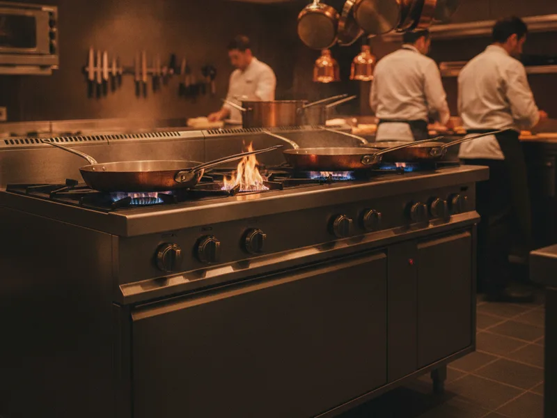 Cocina de restaurante con cocina industrial a gas de varios fuegos y horno