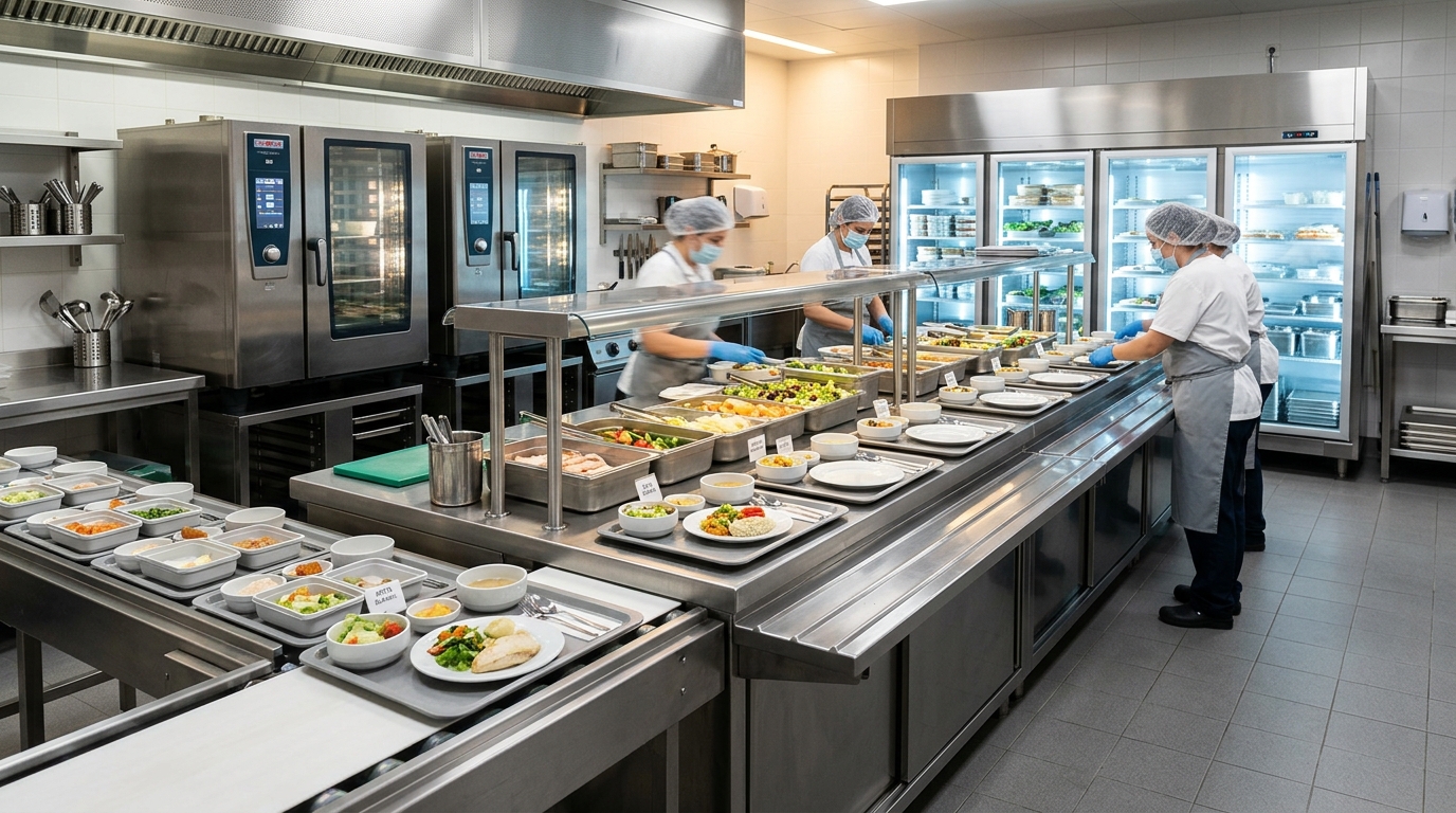 Cocina hospitalaria con línea de emplatado en frío