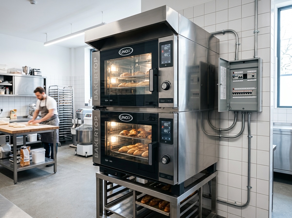 Horno de convección industrial instalado en obrador con su cuadro eléctrico dedicado