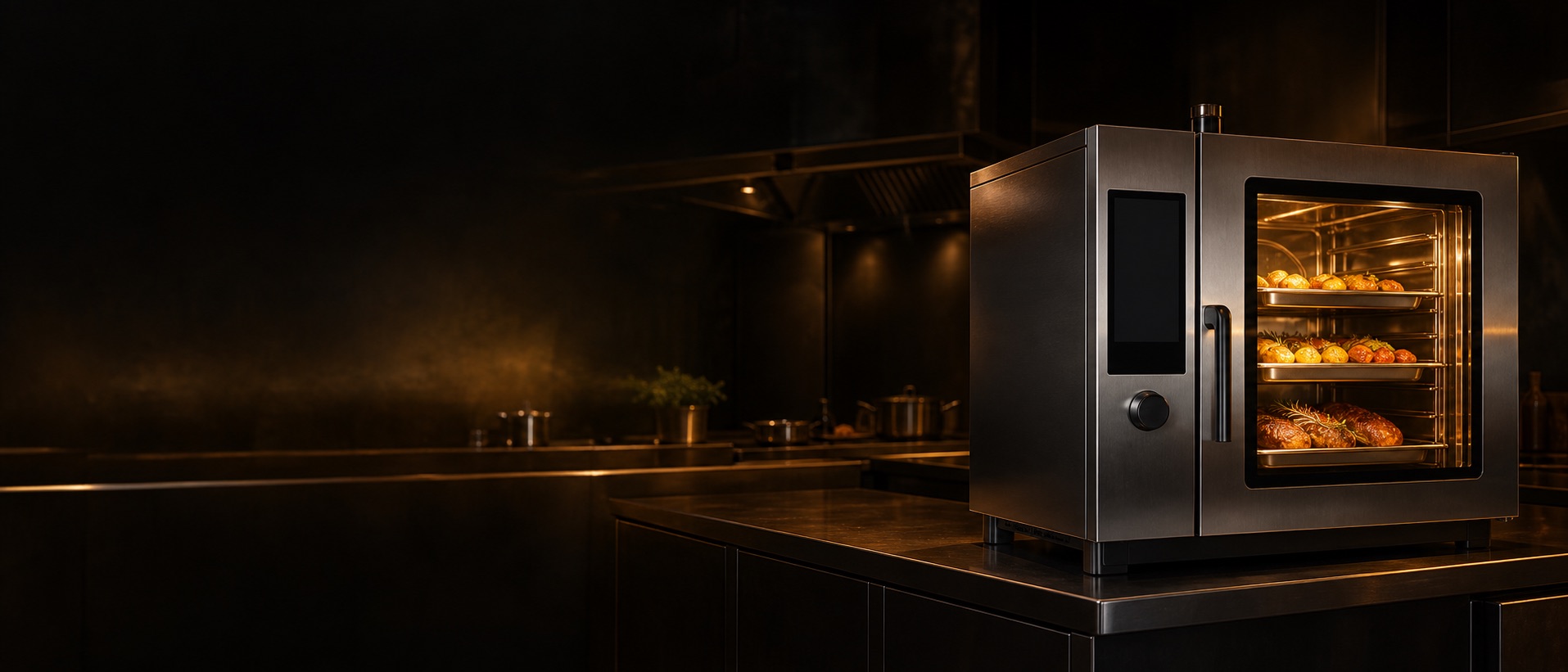 Horno mixto profesional con bandejas de asado en una cocina industrial