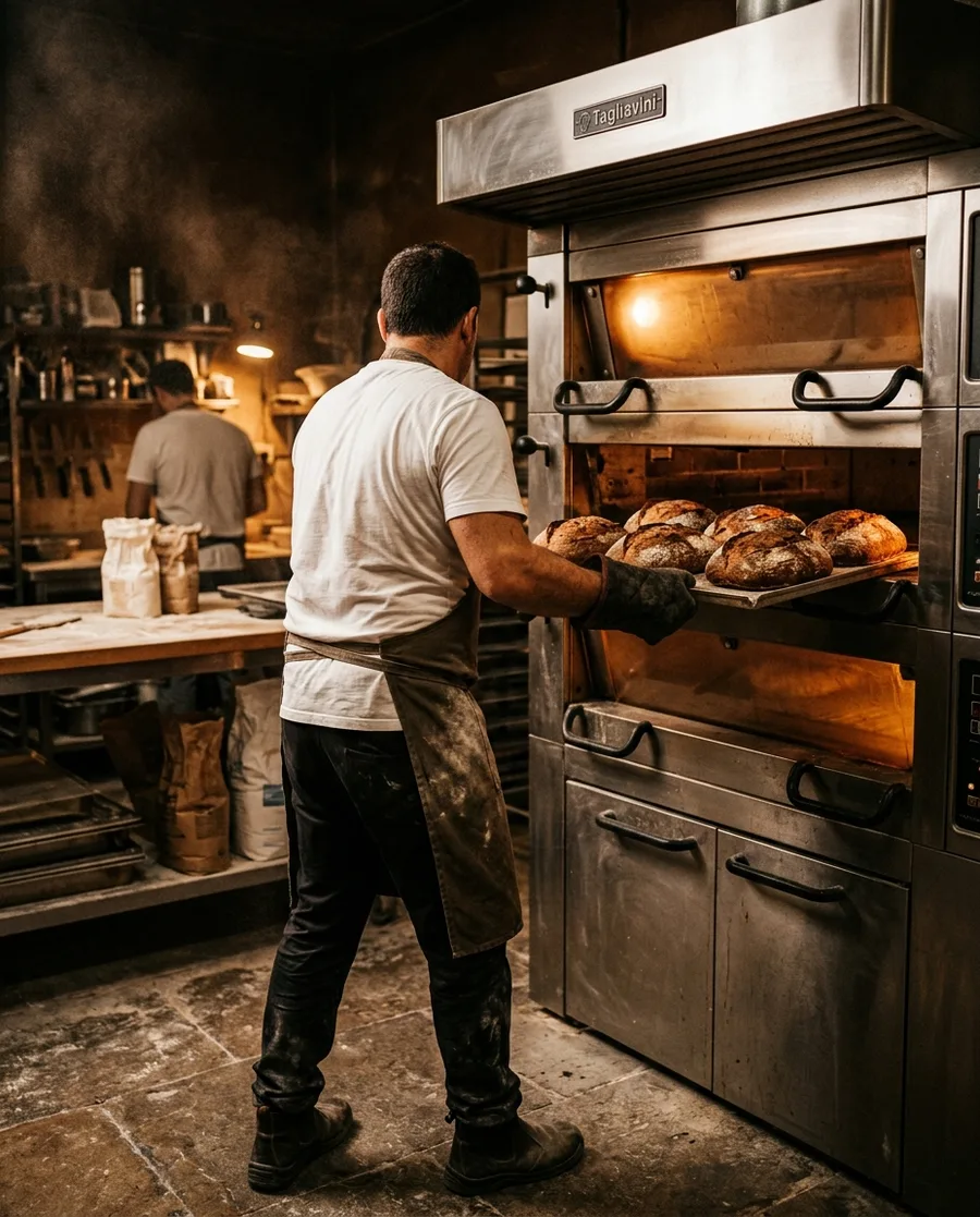 Panadero horneando pan en un horno profesional de obrador