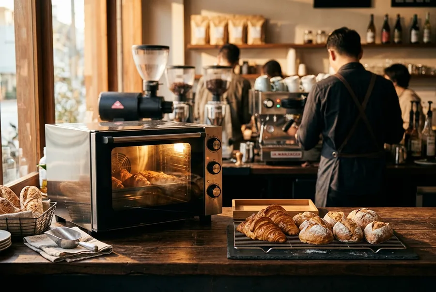 Cafetería con horno compacto de bake-off y pan recién hecho