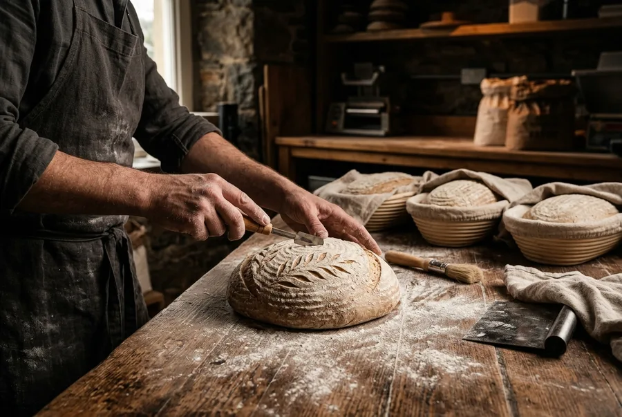Obrador artesano formando hogazas de masa madre