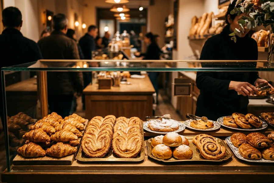Vitrina de pastelería con bollería dorada