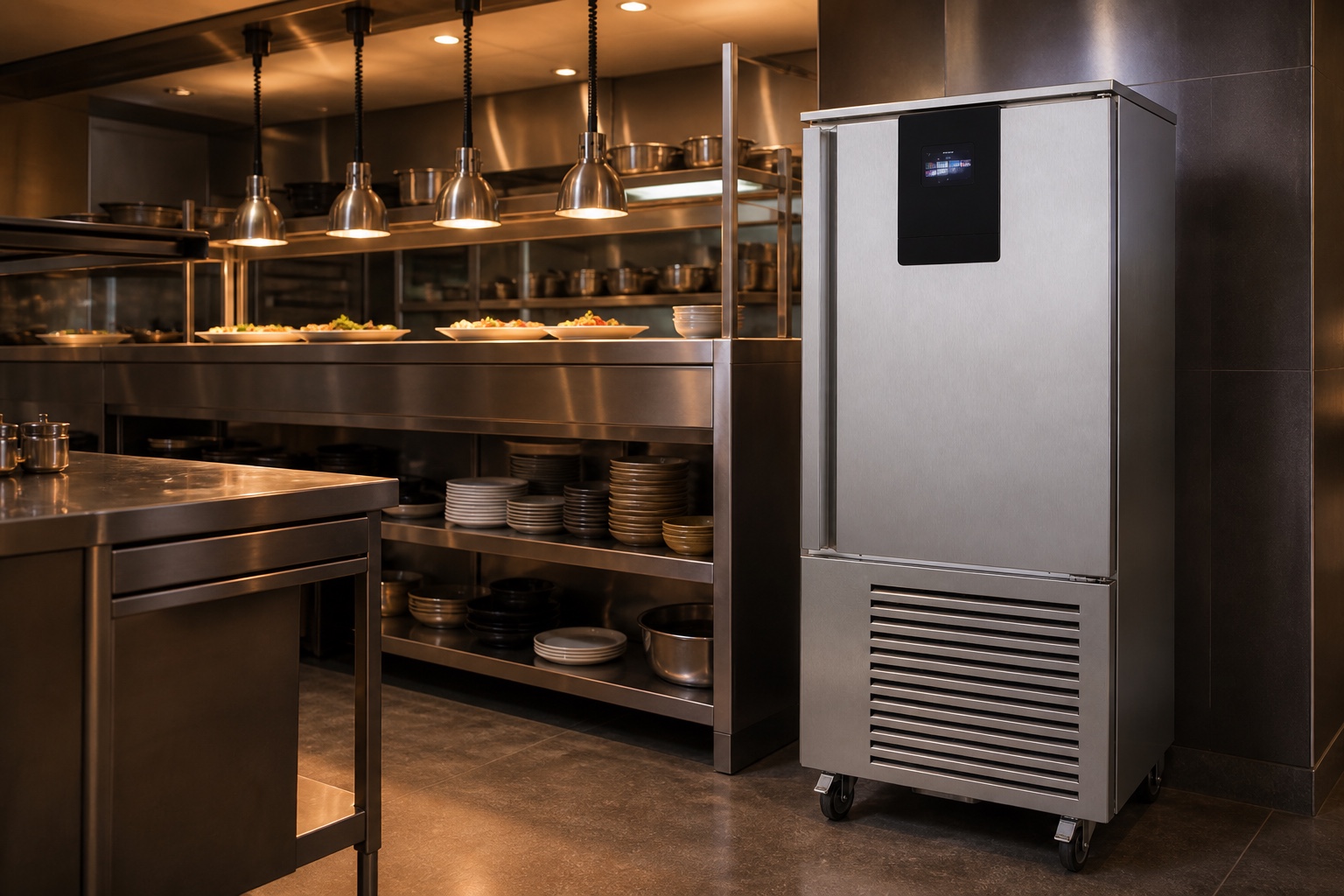 Abatidor profesional junto al pase de una cocina de restaurante