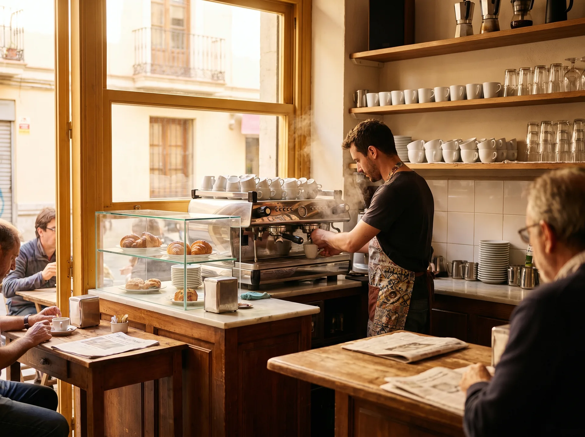 Cafetería con barista y tazas limpias