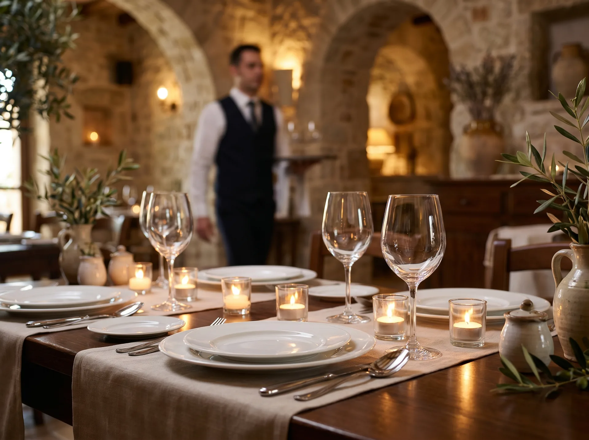 Restaurante con vajilla y copas impecables