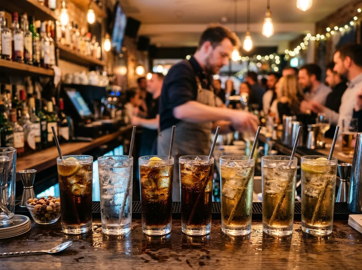 Barra de bar con vasos de refrescos llenos de cubitos de hielo