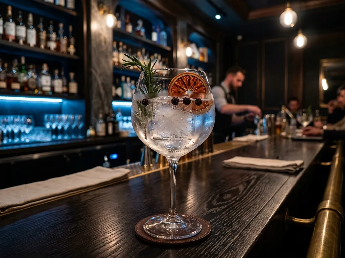 Gin-tonic con cubito de hielo macizo en una coctelería