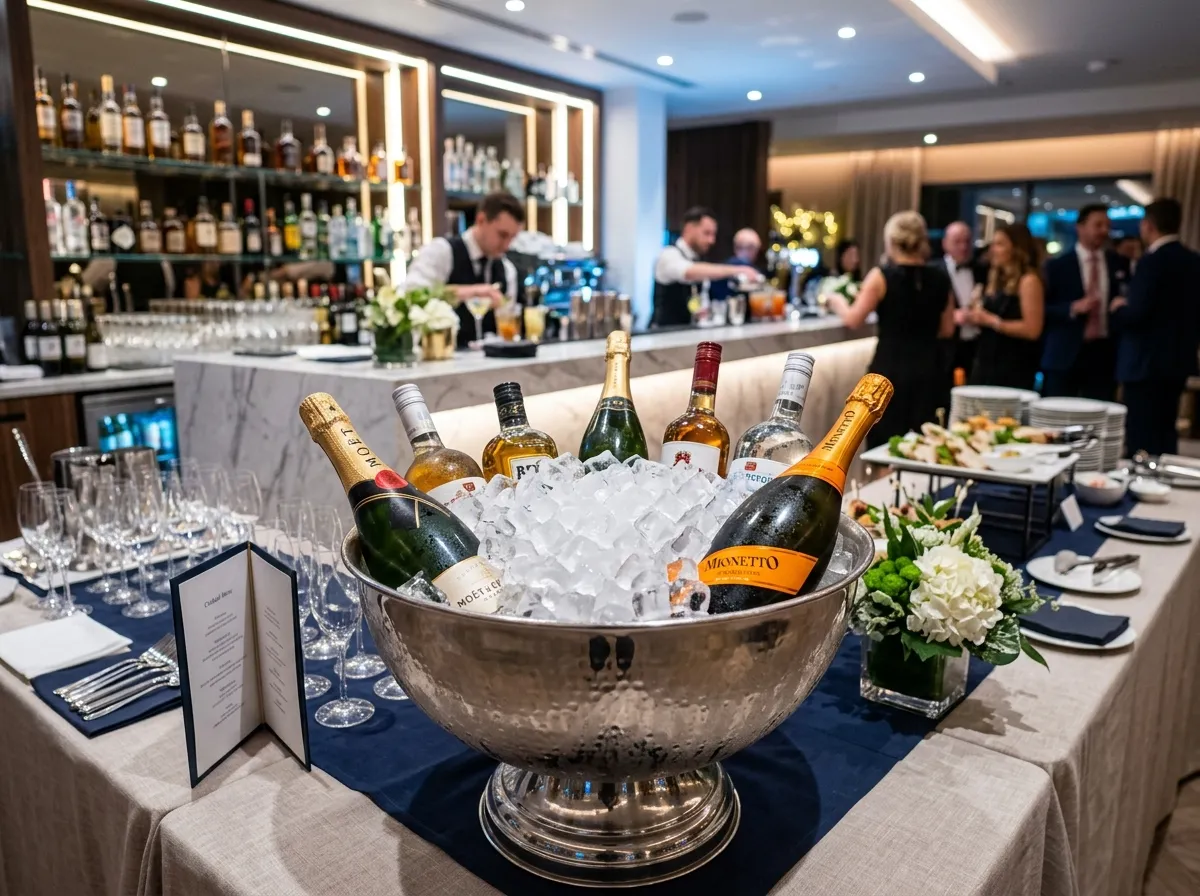Cubo de hielo abundante enfriando botellas en un evento de hotel