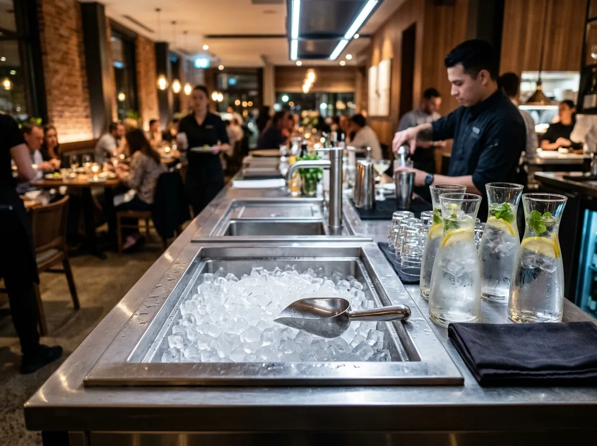 Estación de servicio de restaurante con hielo en cubitos
