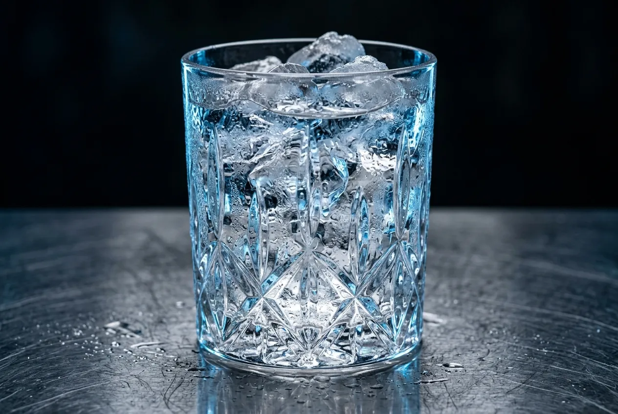 Vaso con cubitos de hielo macizo recién hechos sobre superficie de acero inoxidable