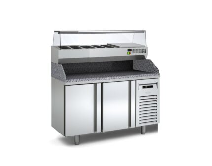 Mesa refrigerada de pizza Docriluc CRUSTUM fondo 700 MP-70 encimera de granito y expositor de ingredientes