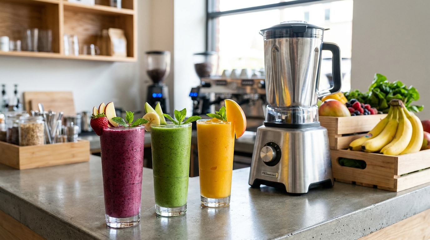 Smoothies de colores preparados en barra de cafetería con batidora de vaso profesional