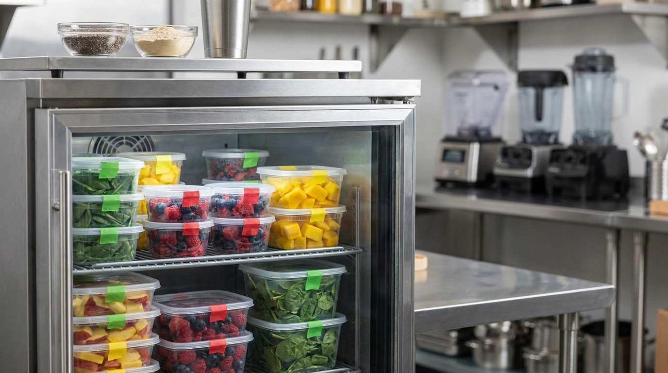 Mise en place de frutas porcionadas en nevera de barra para preparación de smoothies