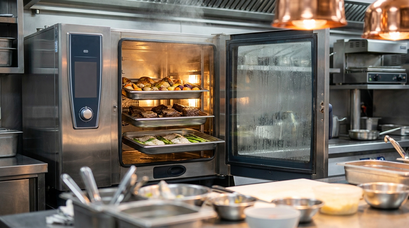 Horno mixto profesional abierto durante el servicio con varias bandejas de géneros distintos
