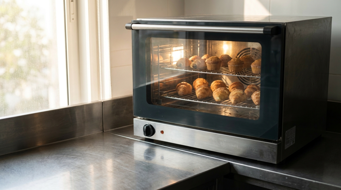 Horno de convección de sobremesa sobre encimera de acero inoxidable en barra de cafetería