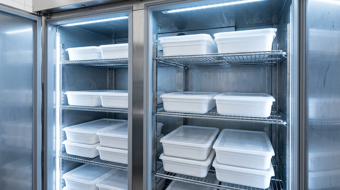 Interior de armario refrigerado profesional con cubetas Gastronorm ordenadas con separación de aire entre estantes