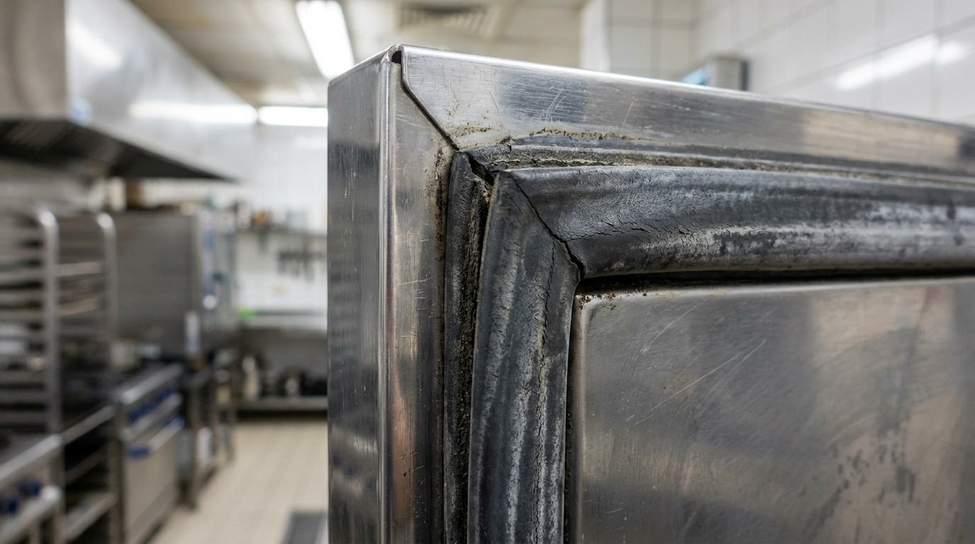 Detalle de junta de puerta y burlete de un armario frigorífico profesional de acero inoxidable