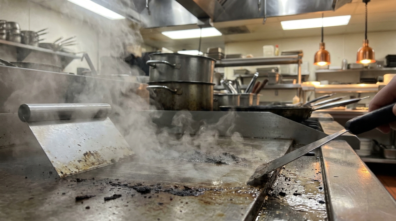 Chef limpiando la placa de una plancha profesional en caliente con rasqueta al cierre del servicio en cocina de restaurante