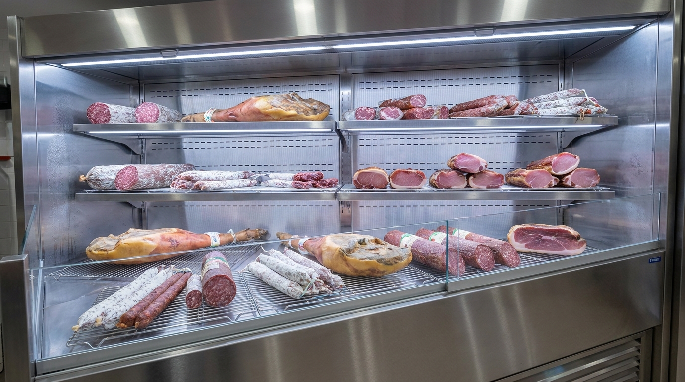 Interior de una vitrina de charcutería profesional con piezas de curado bien organizadas y separadas