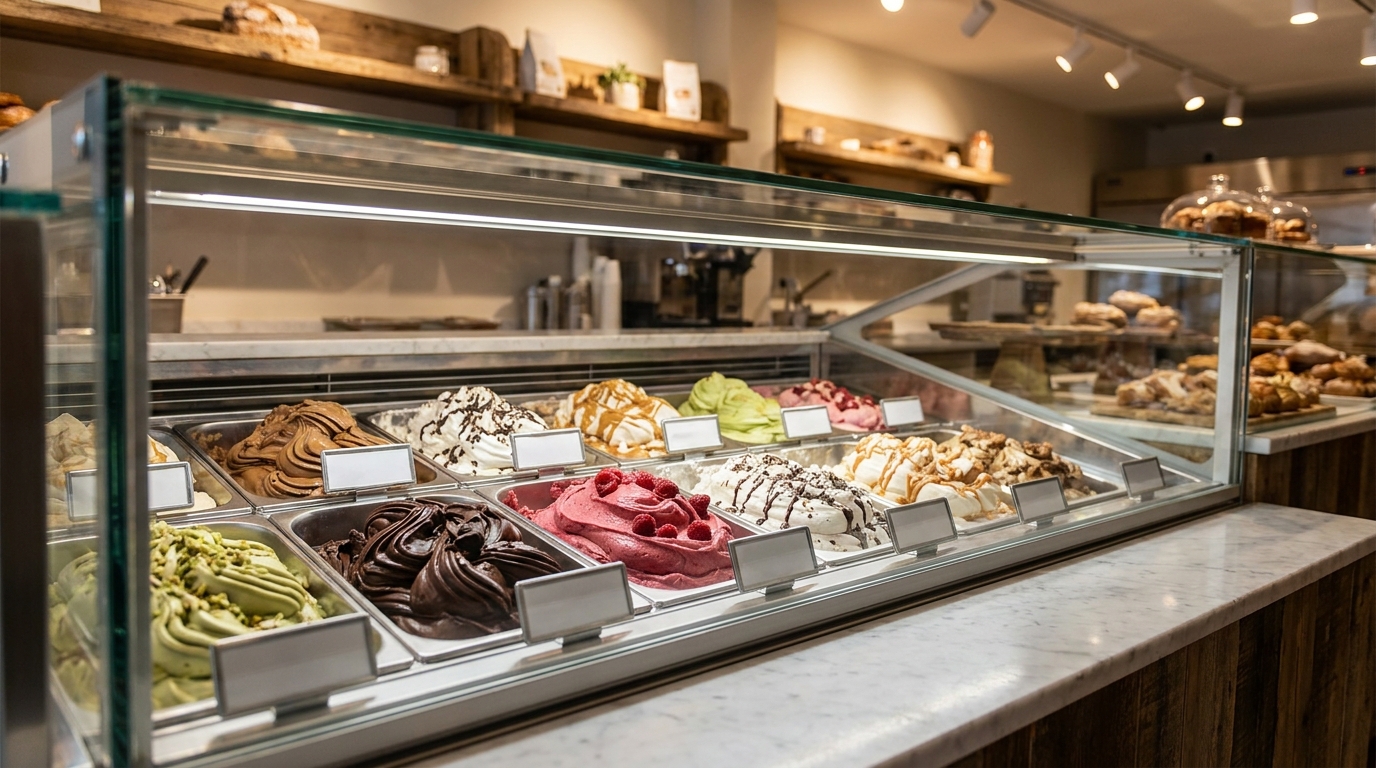 Vitrina de helados artesanos con cubetas ordenadas y etiquetadas en un obrador profesional
