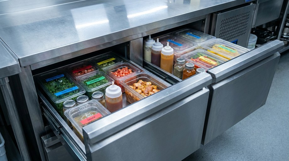 Cajones refrigerados de una mesa fría de hostelería abiertos con mise en place organizado
