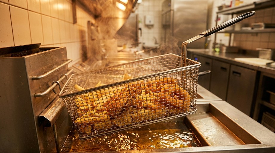 Cesta de freidora industrial profesional escurriendo sobre la cuba de aceite caliente, vapor de fritura en cocina de hostelería