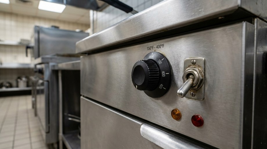 Detalle del termostato y el contactor de una freidora eléctrica profesional de acero inoxidable en cocina de hostelería