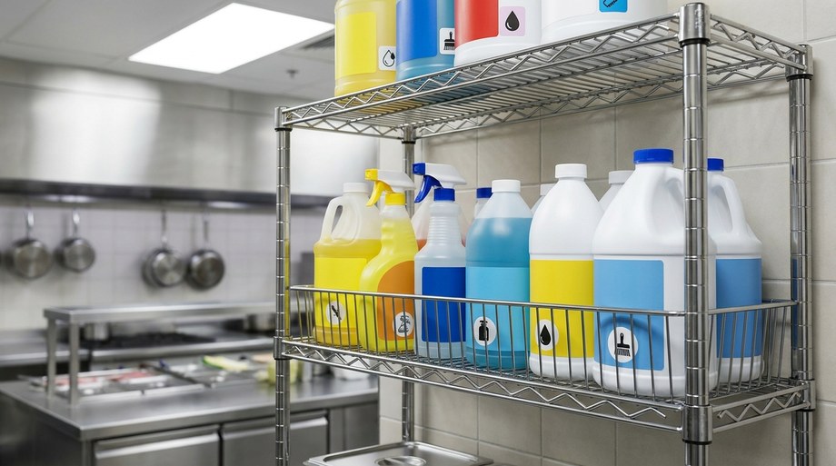 Estantería de acero inoxidable con productos de limpieza organizados y etiquetados, separada del área de alimentos en cocina profesional