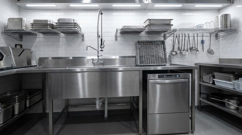 Fregadero industrial de acero inoxidable con hueco integrado para lavavajillas profesional, instalado en cocina de restaurante