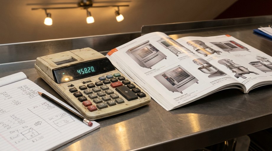 Manos calculando sobre papel con calculadora y catálogo de maquinaria de hostelería