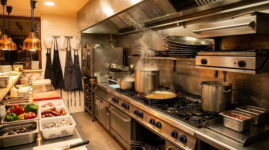 Cocina profesional completa en pleno servicio con equipamiento de hostelería en acero inoxidable