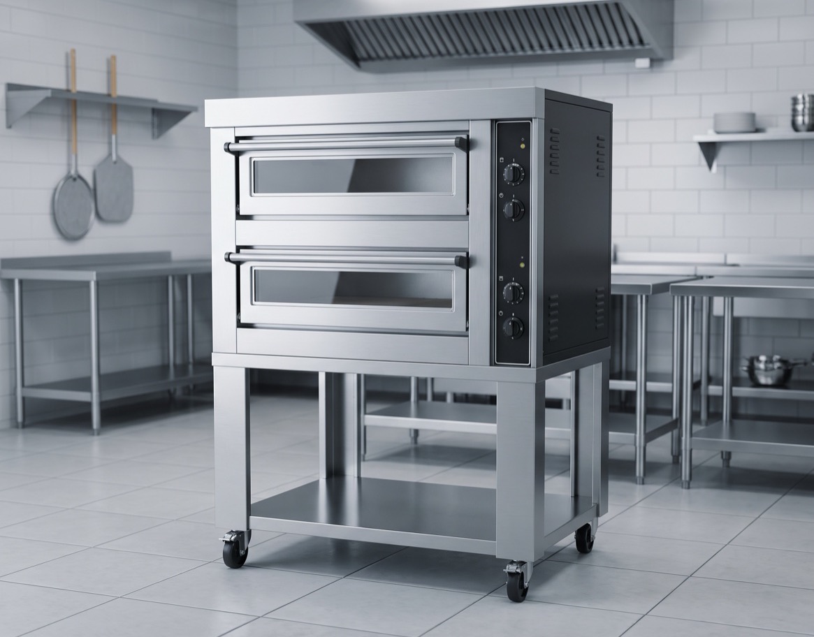 Horno de pizza profesional de dos cámaras sobre soporte con ruedas en una cocina industrial