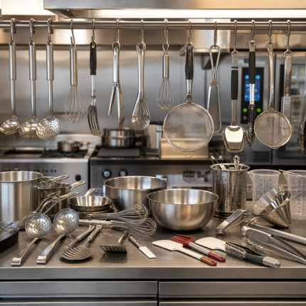 Utensilios de cocina profesional en un ambiente profesional