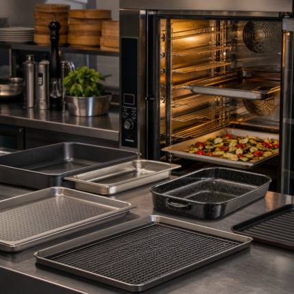 Bandejas, rustideras y horno profesional en un ambiente profesional