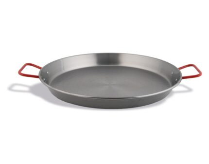 Paellera valenciana de acero pulido con asas rojas