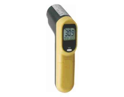 Termómetro infrarrojos con mira láser en negro y amarillo