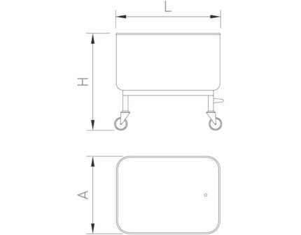 Plano técnico con cotas de instalación — Carro de transporte inoxidable con desagüe 1/2" 200 lts Fricosmos