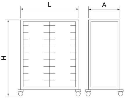 Plano técnico con cotas de instalación — Carro doble para bandejas isotérmicas 18 niveles 923x630x1585 mm Fricosmos