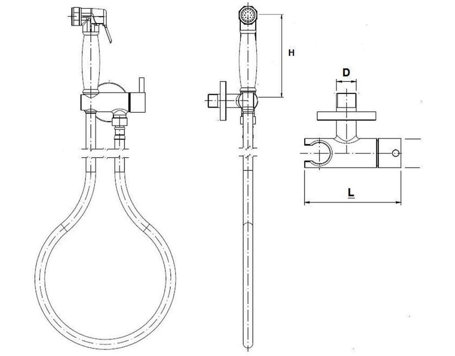 Ducha higiénica con llave de paso Fricosmos — plano técnico con cotas de instalación